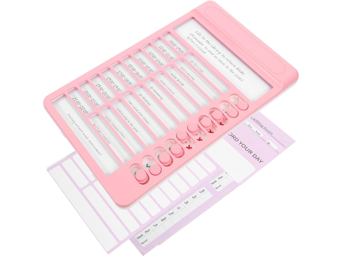 Quadro de comportamento de plástico rosa para meninos e meninas, incentivando a conclusão de tarefas.