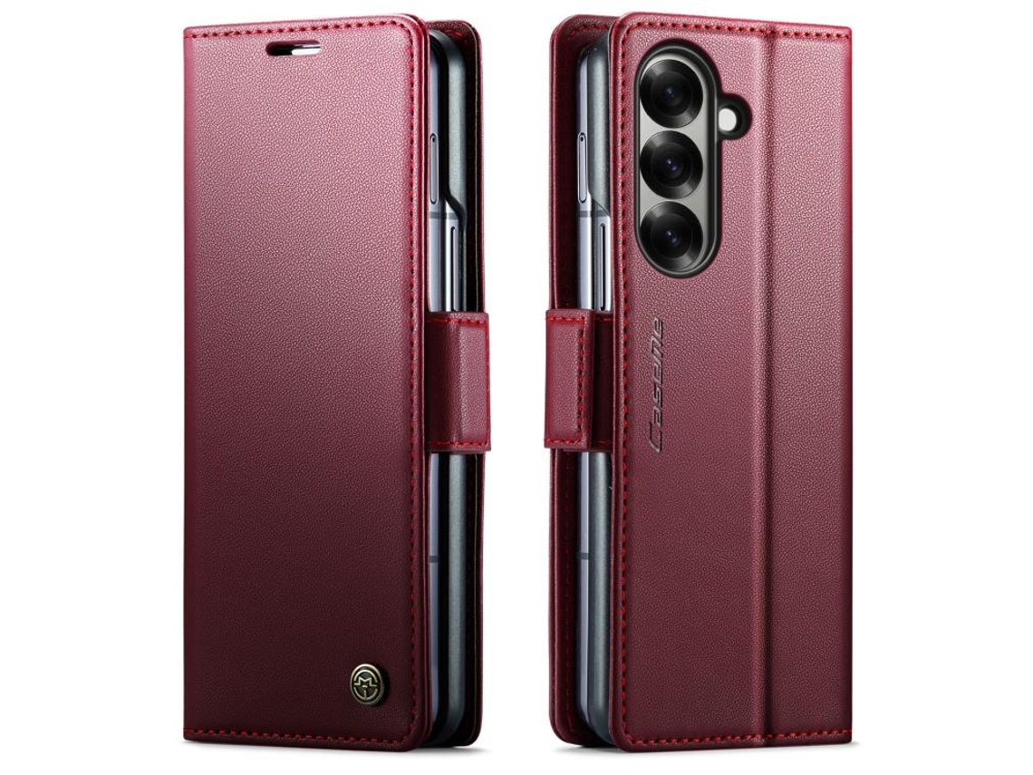 Capa Para Samsung Galaxy Z Fold 7 De Couro Rfid Antirroubo Com Textura De Lichia E Fivela Borboleta Vermelha