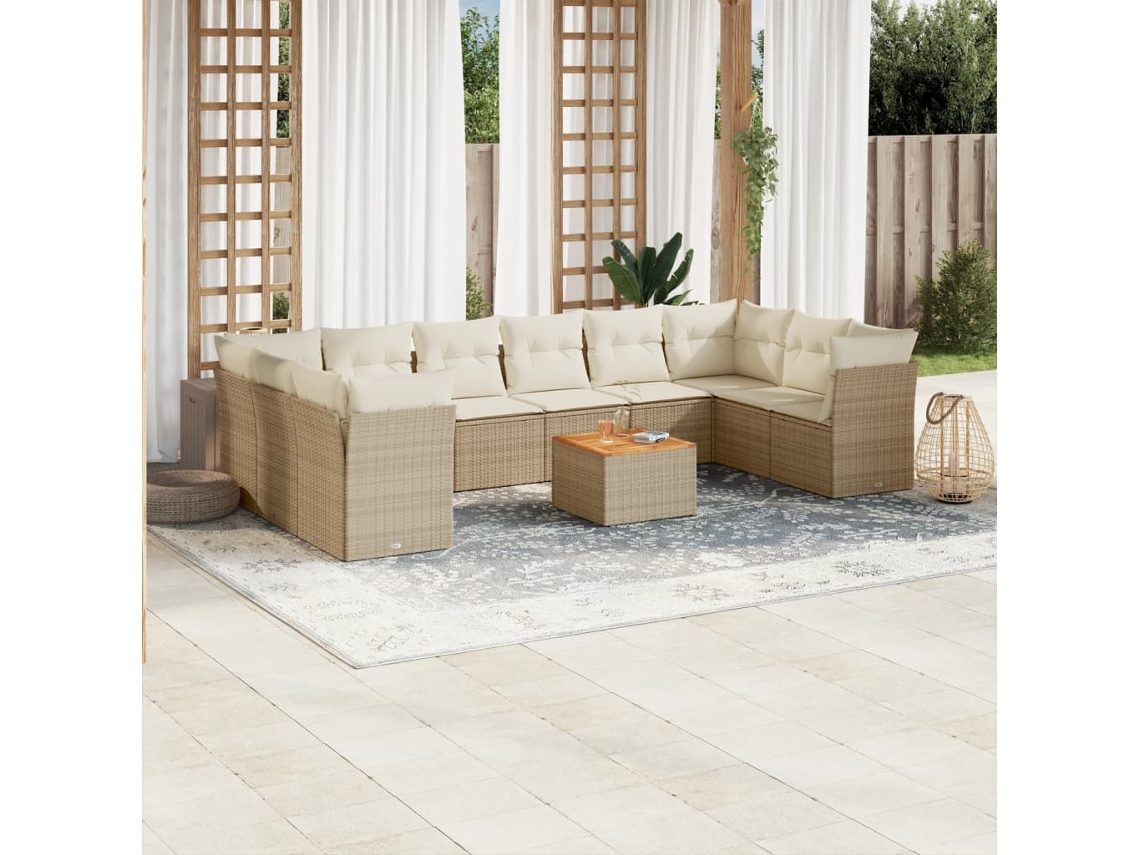Vidaxl 11 Pcs Conjunto Sofás De Jardim C/ Almofadões Vime Pe Bege