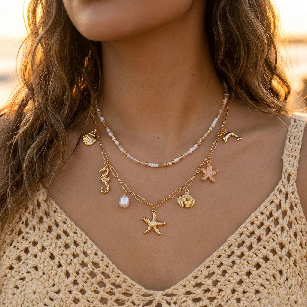 Colar Vintage Com Contas De Conchas E Estrelas-do-mar, Acessório De Praia Com Tema Oceânico.