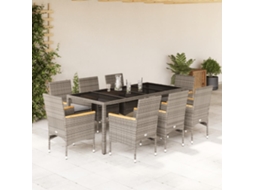 9 Pcs Conjunto Jantar Jardim C/ Almofadões Vime Pe/vidro Cinza Dkd Home Decor