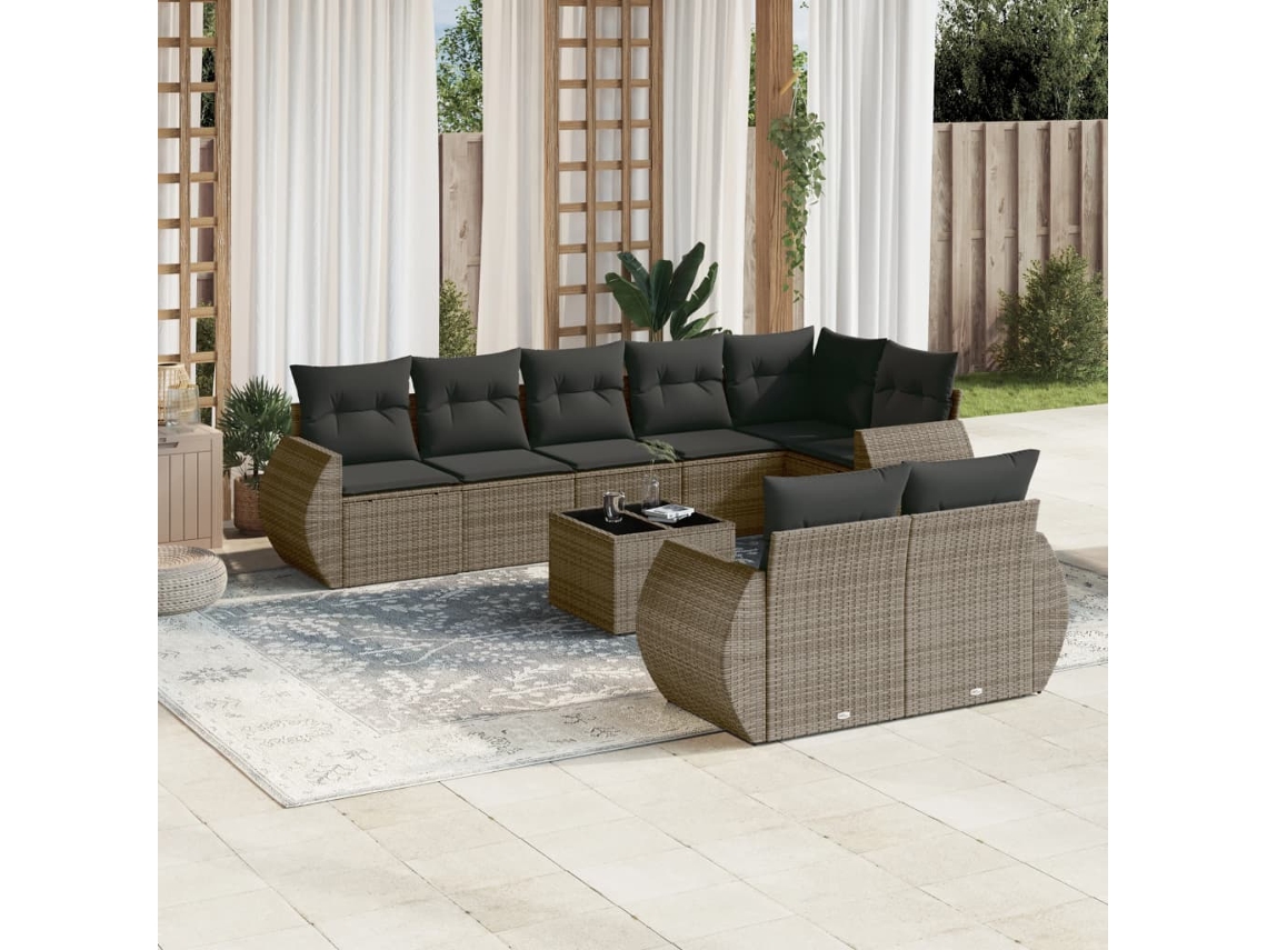 Vidaxl 9 Pcs Conjunto Sofás P/ Jardim Com Almofadões Vime Pe Cinzento