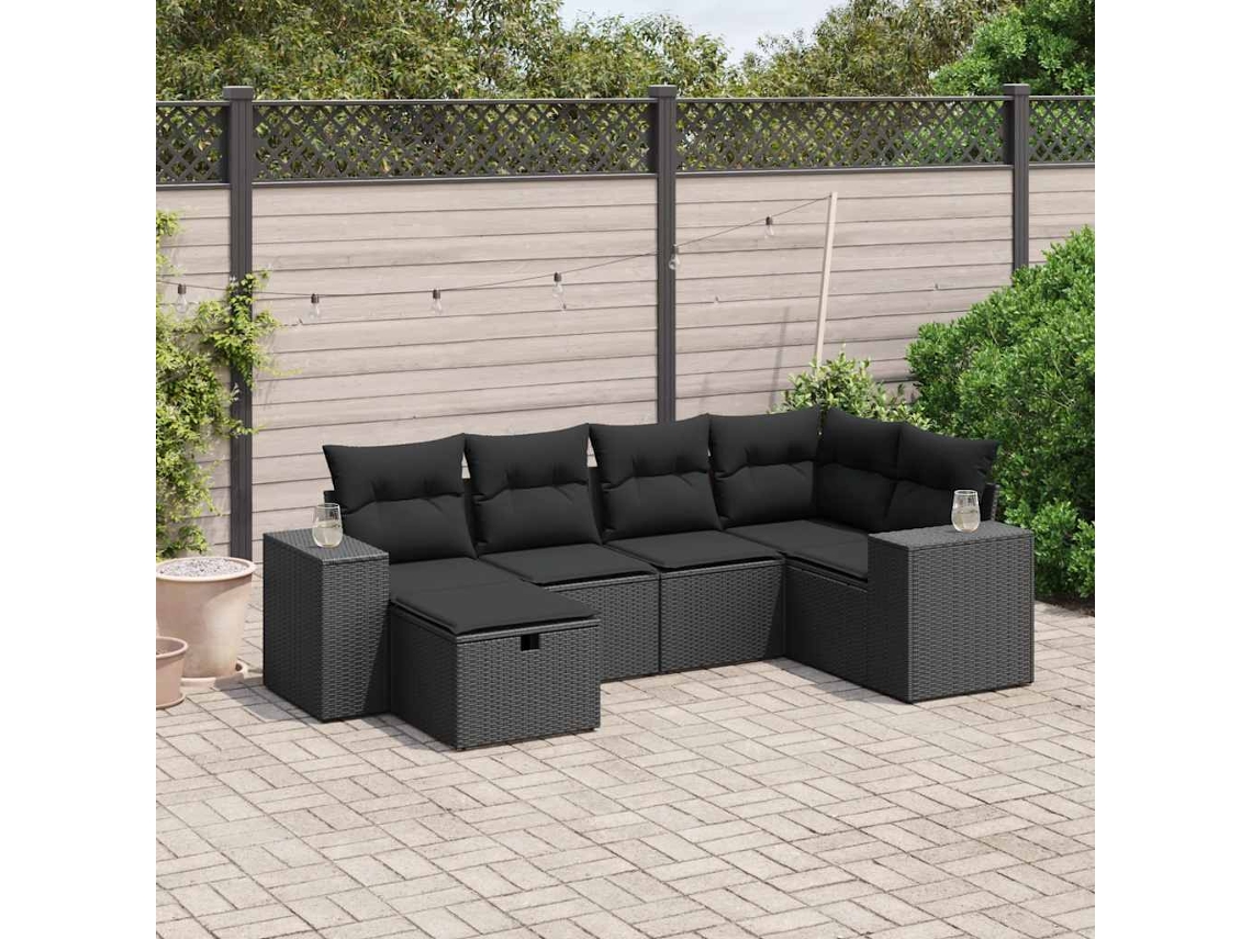 Vidaxl 6 Pcs Conjunto Sofás De Jardim C/ Almofadões Vime Pe Preto