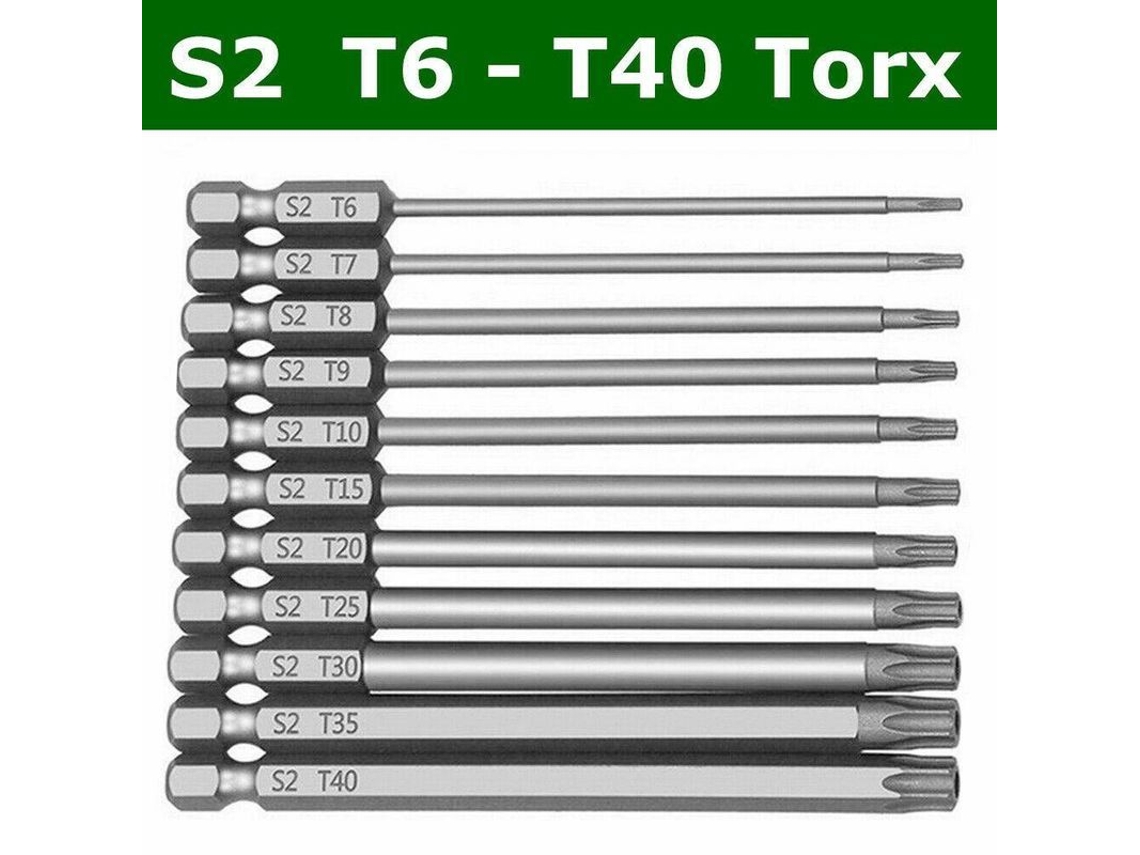 Set De 11 Brocas Torx Seguras De Largo Alcance 100mm, Acero Aleación S2, Mango Hex 1/4 Pulgada