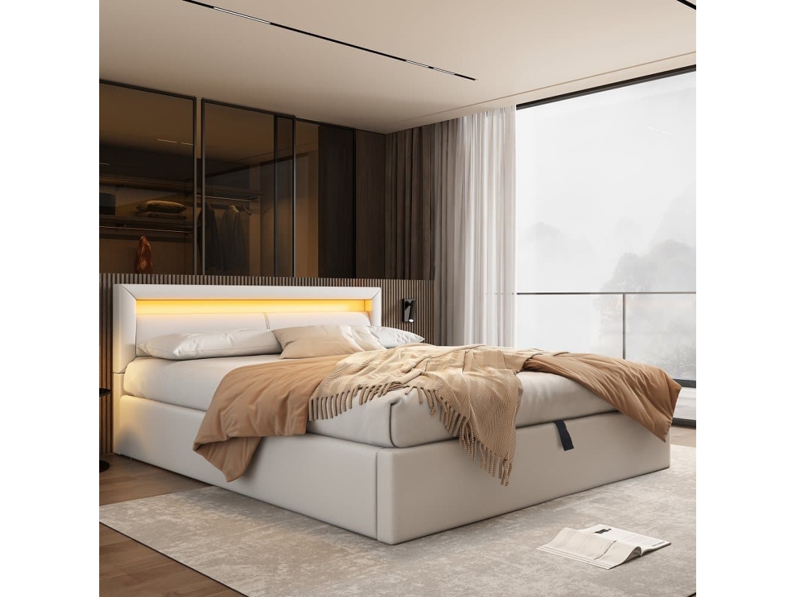 Cama Contentor Com Led 140x200cm - Pele Sintética - Branco