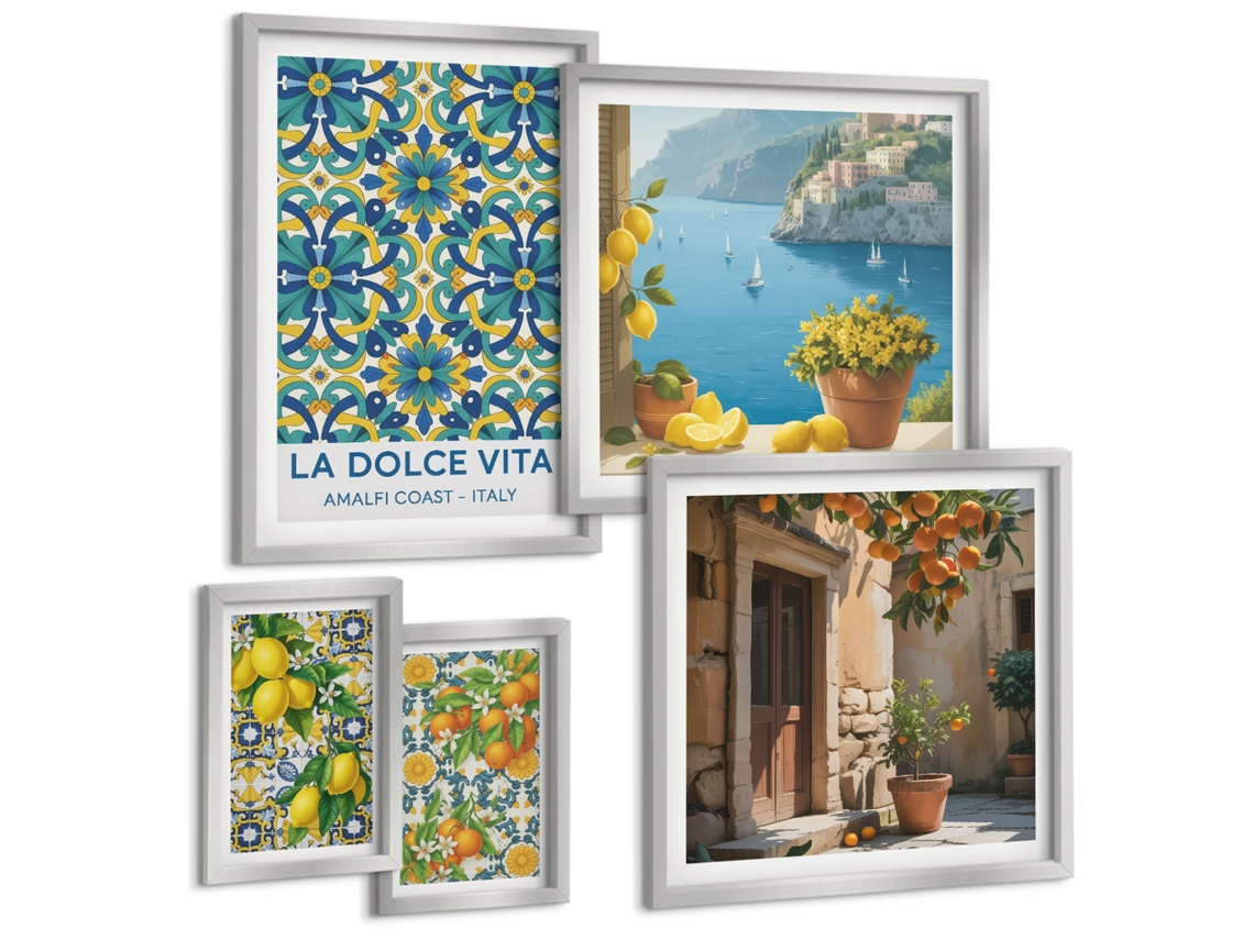 Pinturas Murais Modernas Mar Abstrato, Livro Boho Moldura Prateada Fotos Para O Escritório Espelharte (conjunto De 5 Imagens)