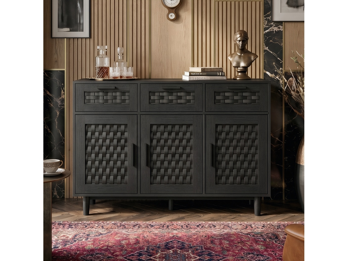 Lazyspace Aparador De 2 Portas E 3 Gavetas Com Rattan Sintético | Armário De Arrumação Preto De Estilo Moderno-natural (108x40x80cm)
