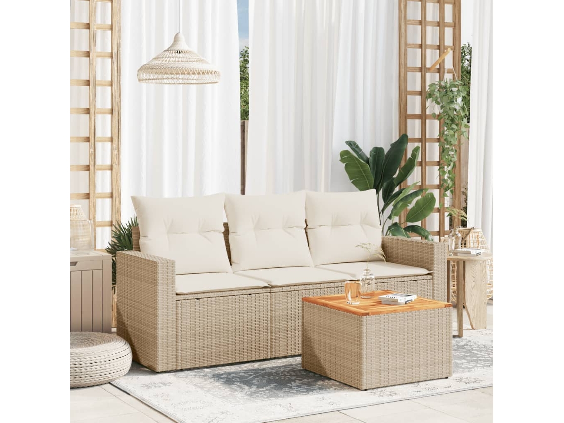 Vidaxl 4 Pcs Conjunto De Sofás Para Jardim C/ Almofadões Vime Pe Bege