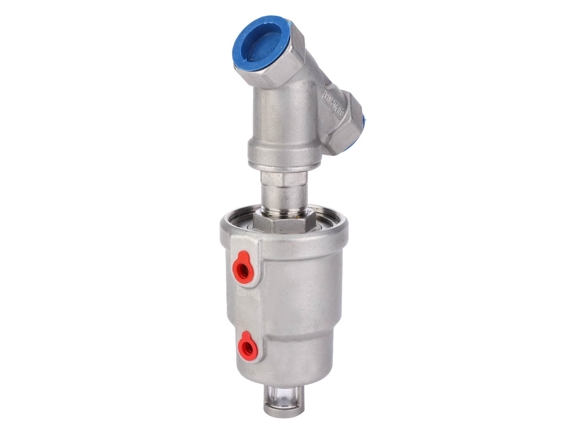 Válvula De Assento Angular Pneumática Aços Inox Dn20 3/4" Fêmea Com Indicador De Posição E Baixo Consumo De Ar