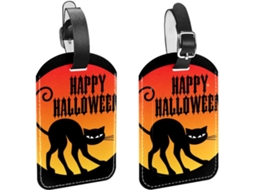 Conjunto De 2 Etiquetas Bagagem Feliz Halloween Com Estampa Gato Preto Em Couro Sintético Proteção Privacidade