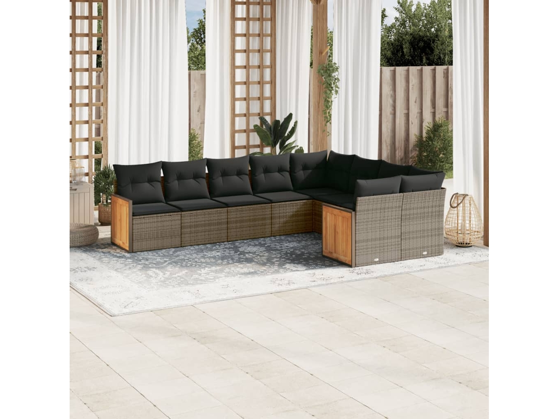 9 Pcs Conjunto Sofás P/ Jardim Com Almofadões Vime Pe Cinza Dkd Home Decor