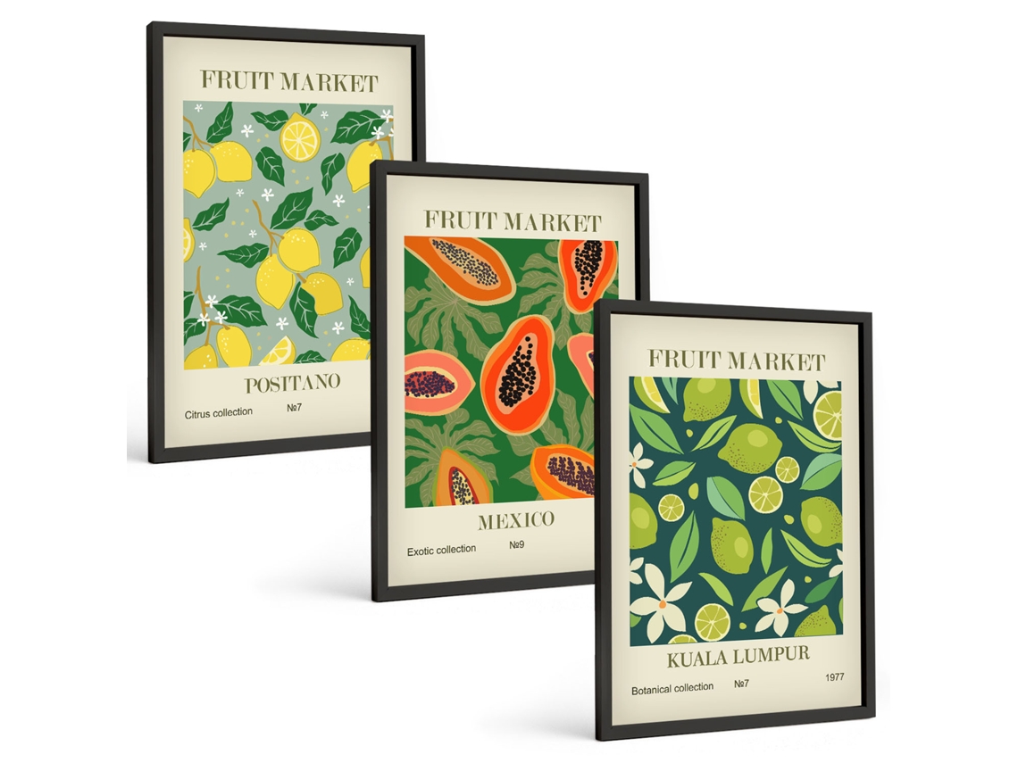 Conjunto De Pinturas Estampas De Frutas, Limões E Mamões Moldura Preta Fotos Para O Escritório Espelharte (3 Piezas De 40x60 Cm)