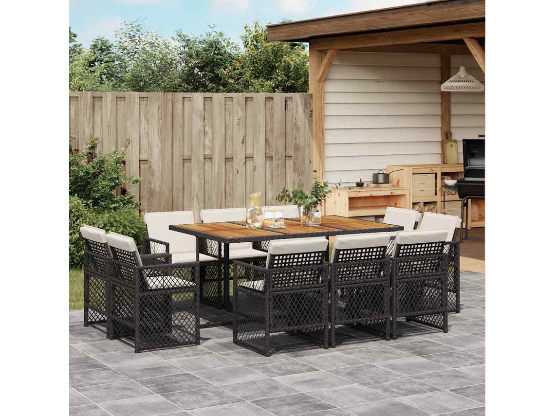 Vidaxl 11 Pcs Conjunto de Jantar P/ Jardim C/ Almofadões Vime Pe Preto