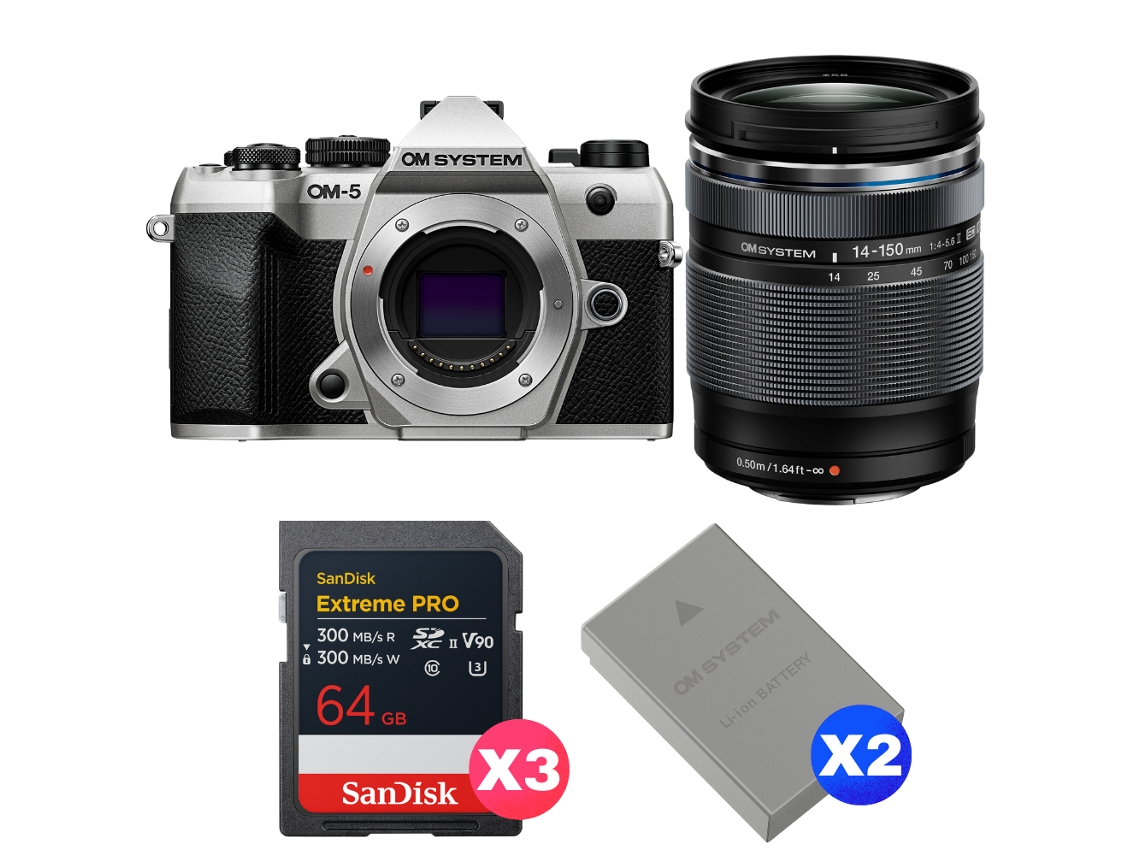 Om 5 Mark Ii Prateado + 14 150mm F/4 5.6 Ii + 3 Sandisk 64gb Extreme Pro Uhs ii Sdxc + 2 Om System Bls 50 + Ebook Pricedirect OM SYSTEM
