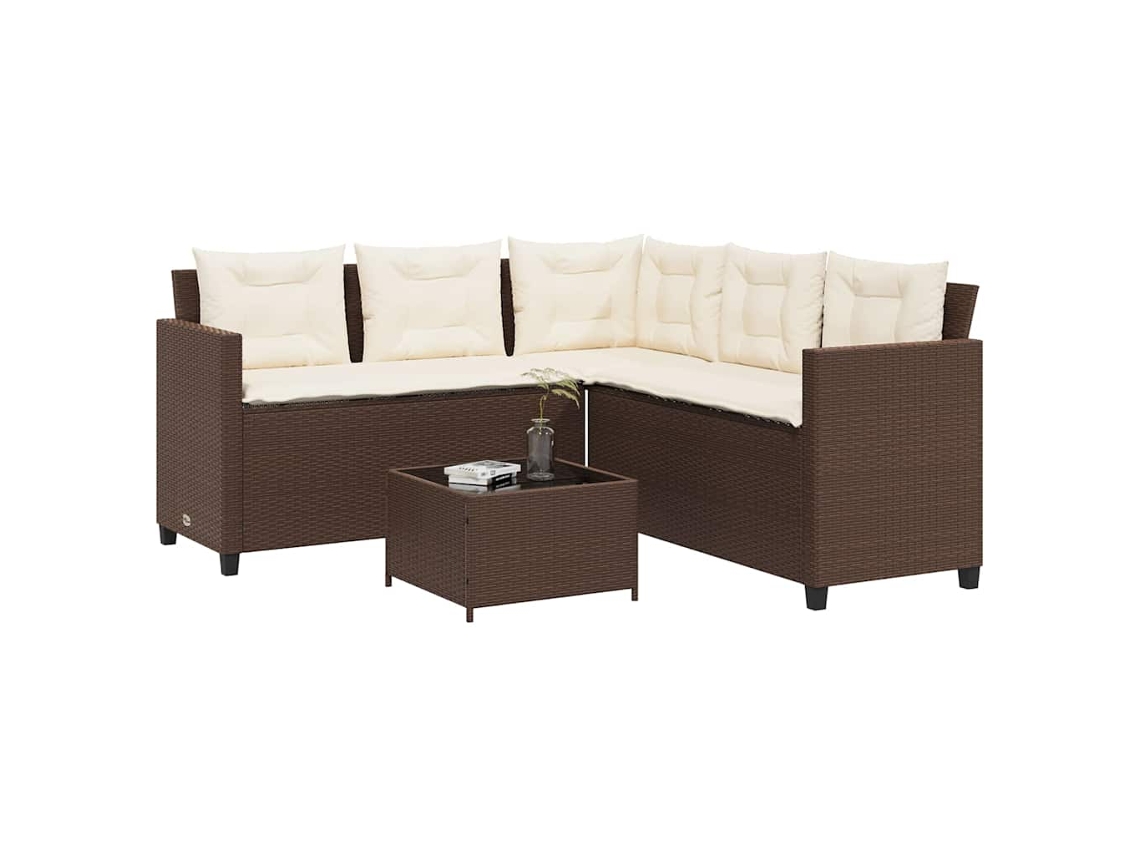 Vidaxl Sofá De Jardim Forma De L C/ Mesa E Almofadões Vime Pe Castanho
