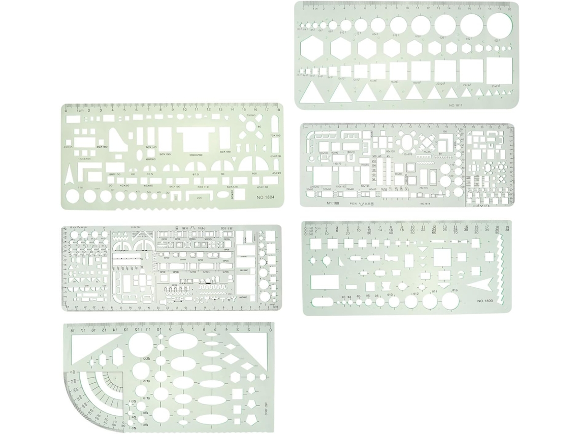 Conjunto de 6 gabaritos geométricos para medição em plástico verde.