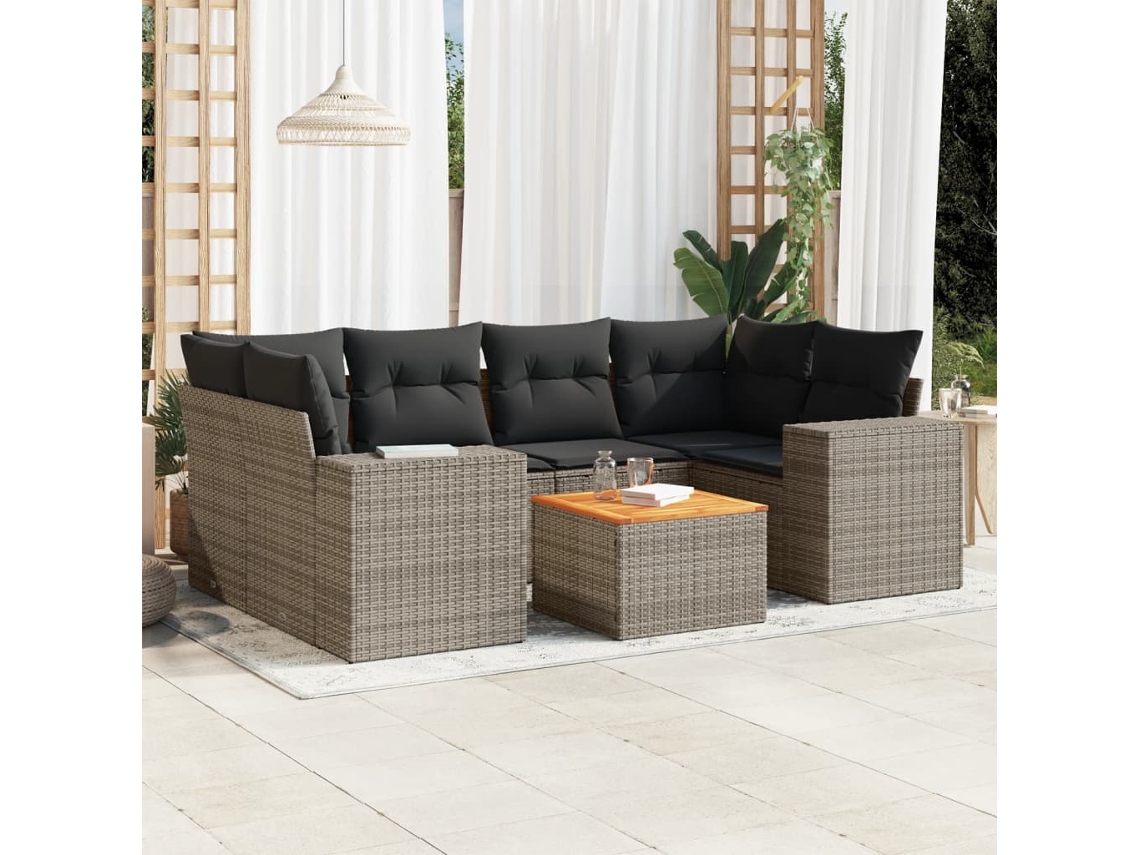 Vidaxl 7 Pcs Conjunto Sofás P/ Jardim C/ Almofadões Vime Pe Cinzento