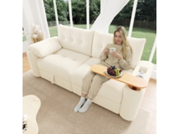 Sofa Cama Estilo Teddy 3 Lugares Com Compartimento Acabamento Bege