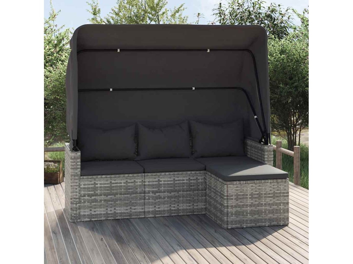 Vidaxl Sofá De Jardim De 3 Lugares C/ Teto/apoio De Pés Vime Pe Cinza