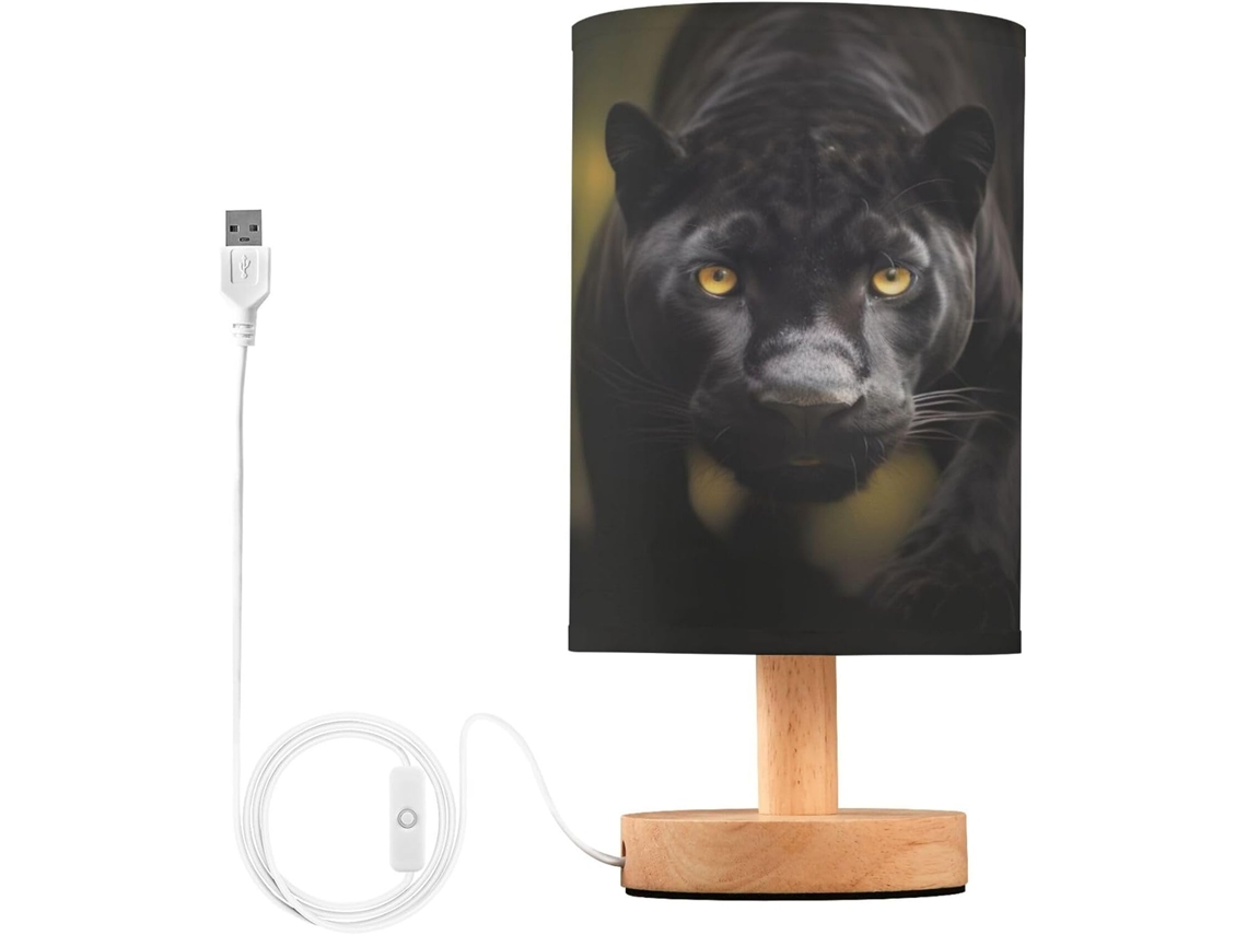 Luminária De Cabeceira Led Pantera Negra Para Quarto, Luminária De Leitura Com Cúpula Tecido, Base De Madeira E Porta