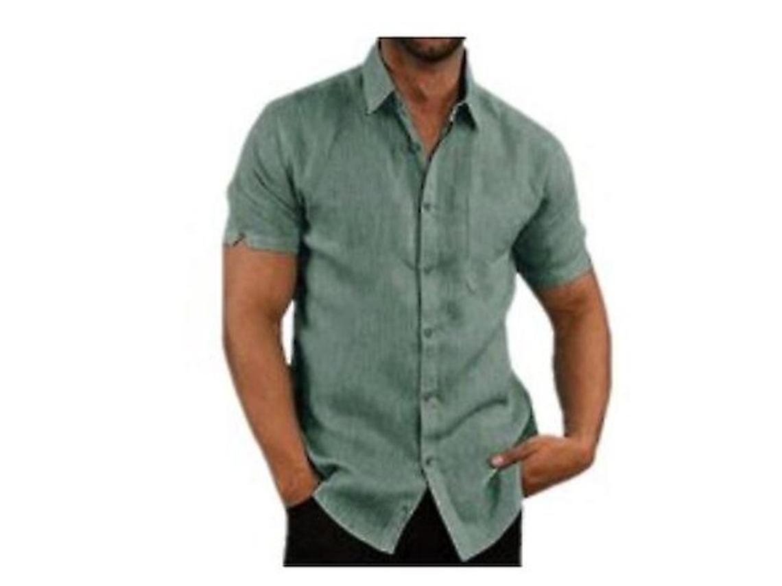 Camisa Casual Masculina De Algodão E Linho Listrada Manga Curta Para Spring/summer Estilo Diário Verde Escuro