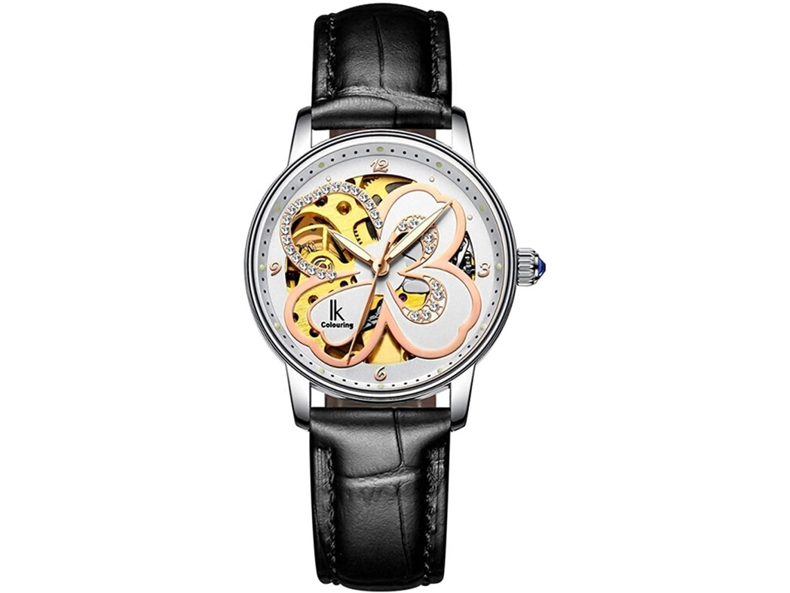 Lurelia Pulseira Para Relógio, Automático, Detalhes Com Strass, Mostrador Esqueleto, Aço Inoxidável, Couro, Dourado