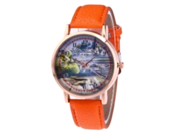 Relógio de quartzo feminino moderno com pulseira de couro PU e mostrador redondo laranja.