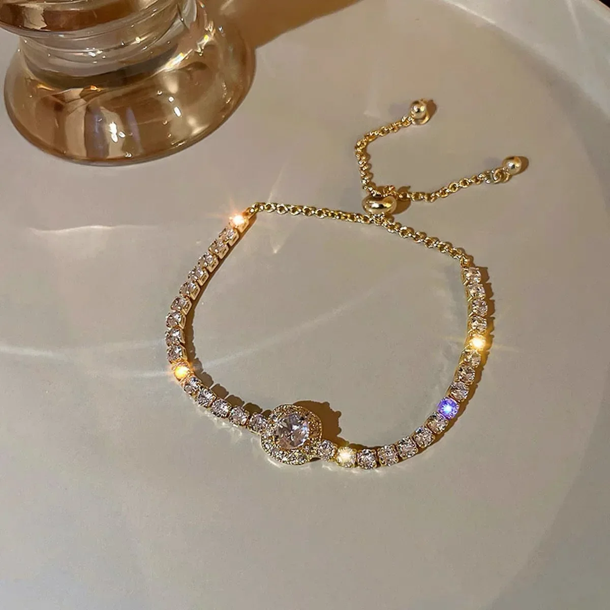 Pulseira Ajustável (dourada) Brilhante Com Cristais Geométricos Quadrados