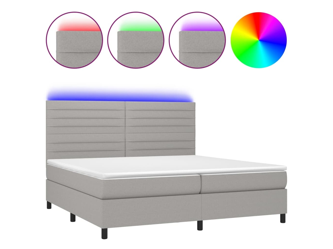 Cama Box Spring com Colchão e Led Tecido Cinza Claro MAISON EXCLUSIVE (200x200 cm)