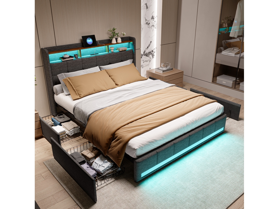 Cama Baú 180x200cm, Cama Acolchoada com Arrumação, 4 Gavetas de Arrumação, Led Ajustável, Carregamento Usb Type c, Tecido de Linho Cinza BRYXR