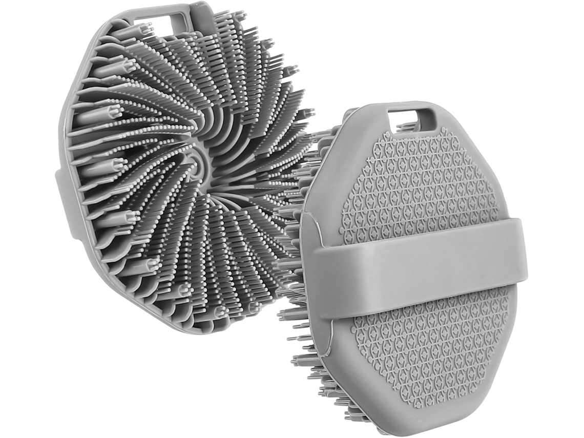 Escova Banho Silicone Cinza Com Gancho, Esfoliação Suave, Massageador Couro Cabeludo
