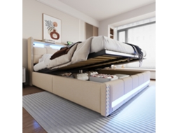 Cama Casal 180x200cm Bege Com Led, Usb, Armários E Hidráulica