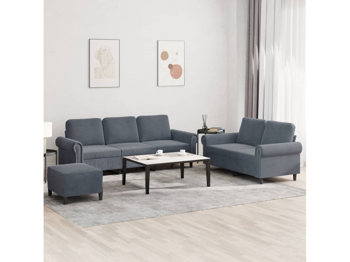 Vidaxl 3 Pcs Conjunto De Sofás Com Almofadões Veludo Cinzento-escuro