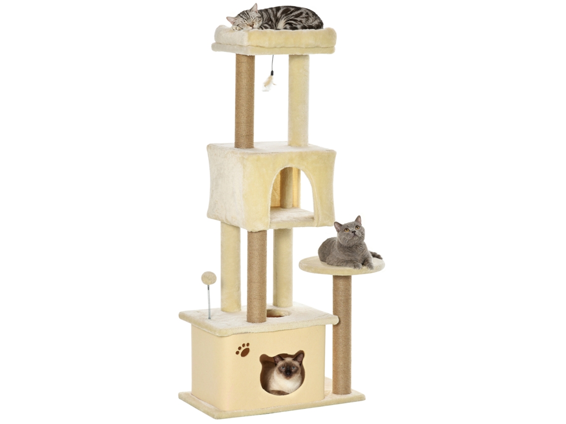 Árvore Grande Bege De Arranhão Gato 60x34x136 Cm Com Plataformas Cavernas Pelúcia Postes Juta