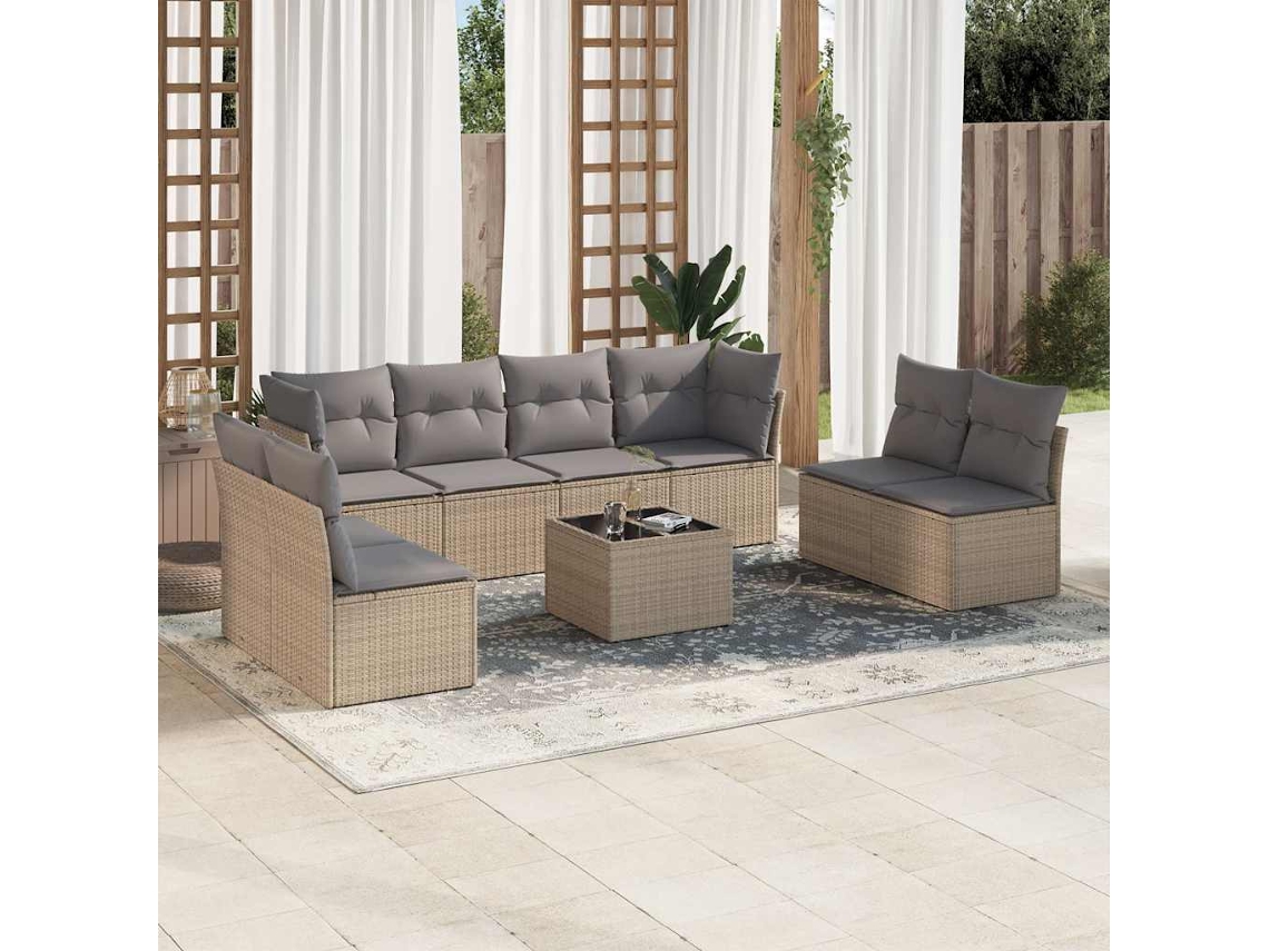 Vidaxl 9 Pcs Conjunto De Sofás P/ Jardim Com Almofadões Vime Pe Bege
