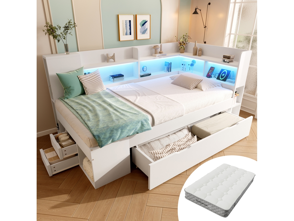 Cama De Dia Branca 90x200cm Com Led Usb Type-c E Colchão Em Estoque