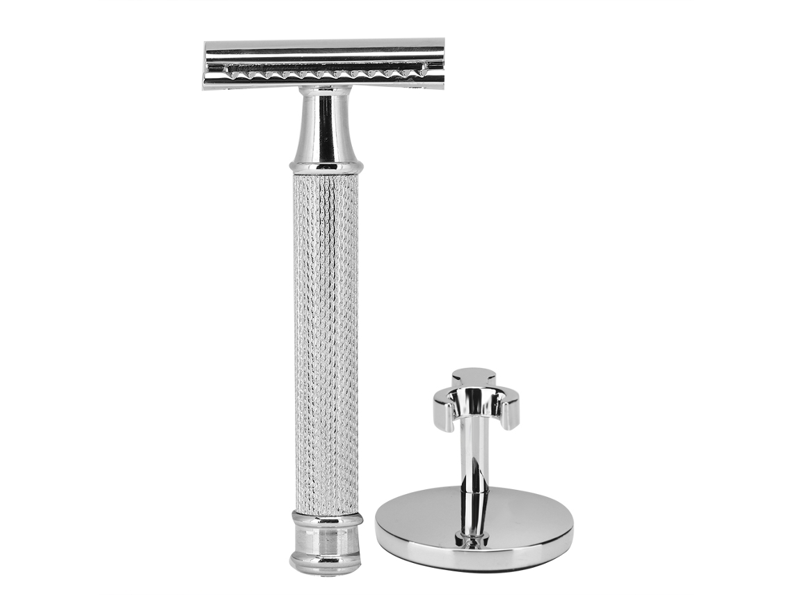 Barbeador manual clássico de lâmina dupla com suporte para homens, modelo 2026 (Prata)