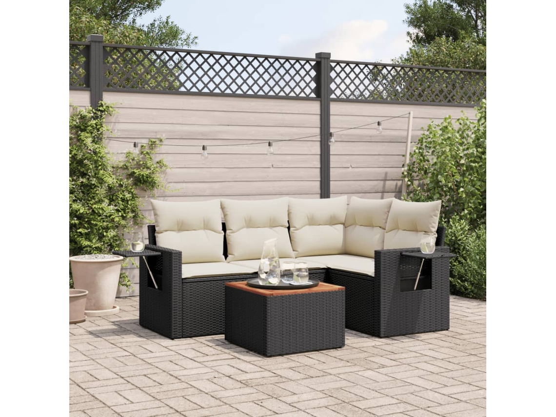 Vidaxl 5 Pcs Conjunto Sofás De Jardim Com Almofadões Vime Pe Preto