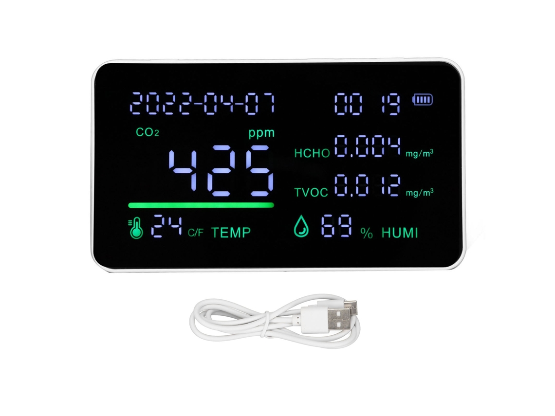 Lurelia Medidor De Qualidade Do Ar Hcho/tvoc/co2, Temperatura/humidade, Sensor Ndir, Com Visor Lcd, Bateria 1200 Mah Usb, Branco