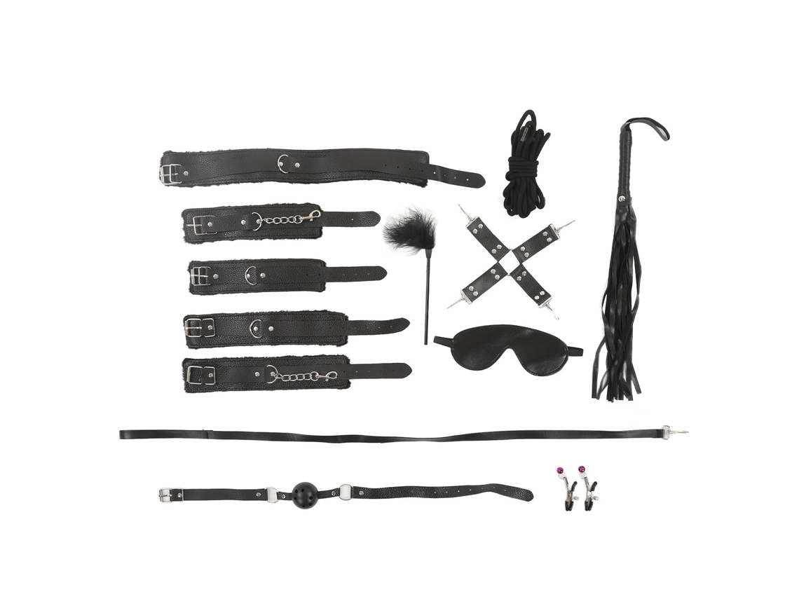 Set De Restricciones Bdsm Com Algemas E Bocal De Borracha Pu Preto 10pcs