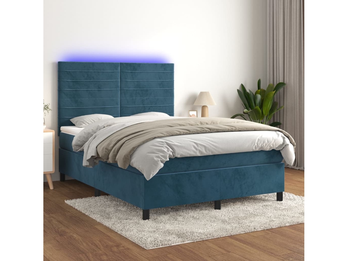 Cama Box Spring C/ Colchão/led 140x200 Cm Veludo Azul-escuro
