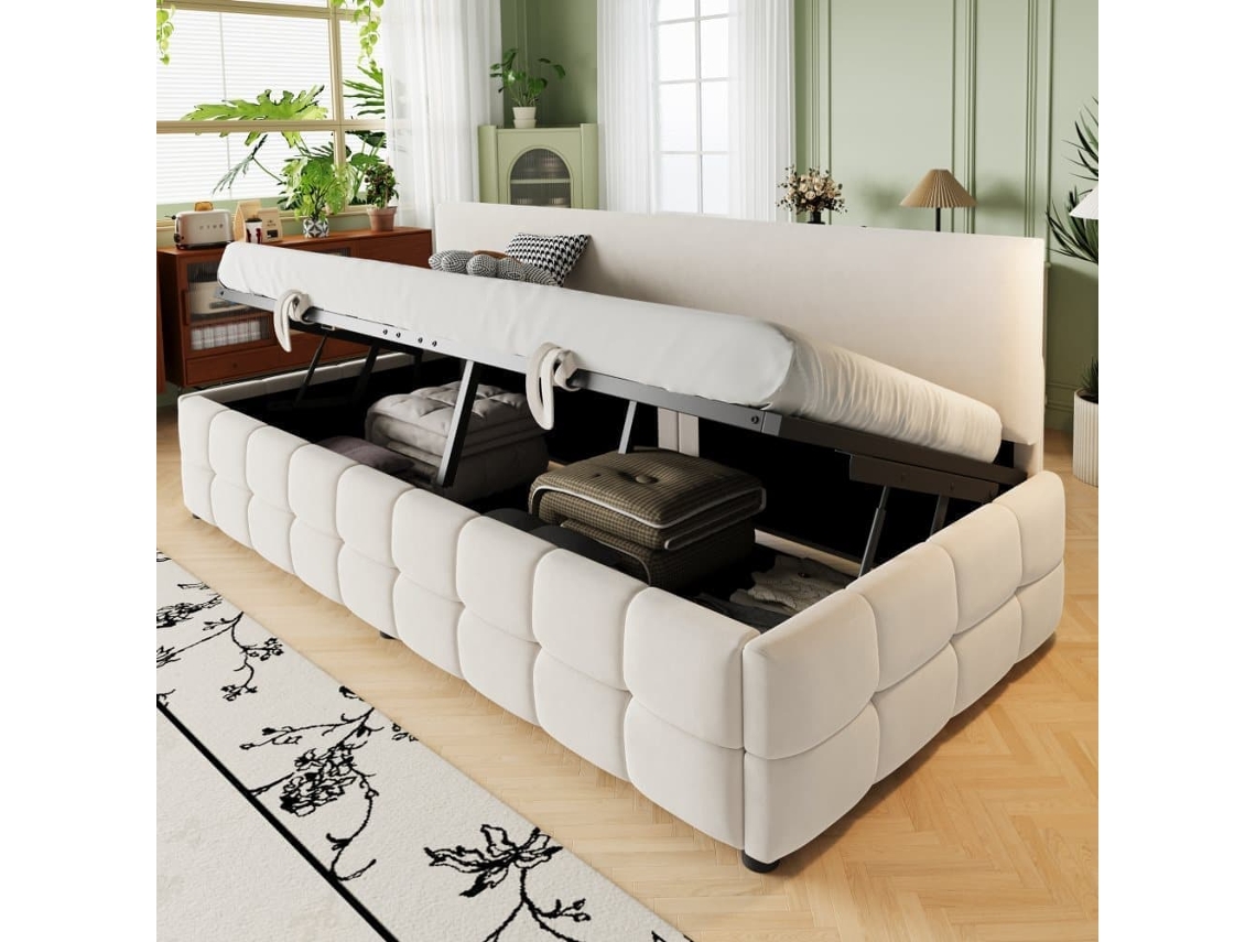 Cama Individual 90x200 Cm - Com Arrumação Hidráulica, Sem Apoios De Braços, Com Padrão Xadrez, Bege