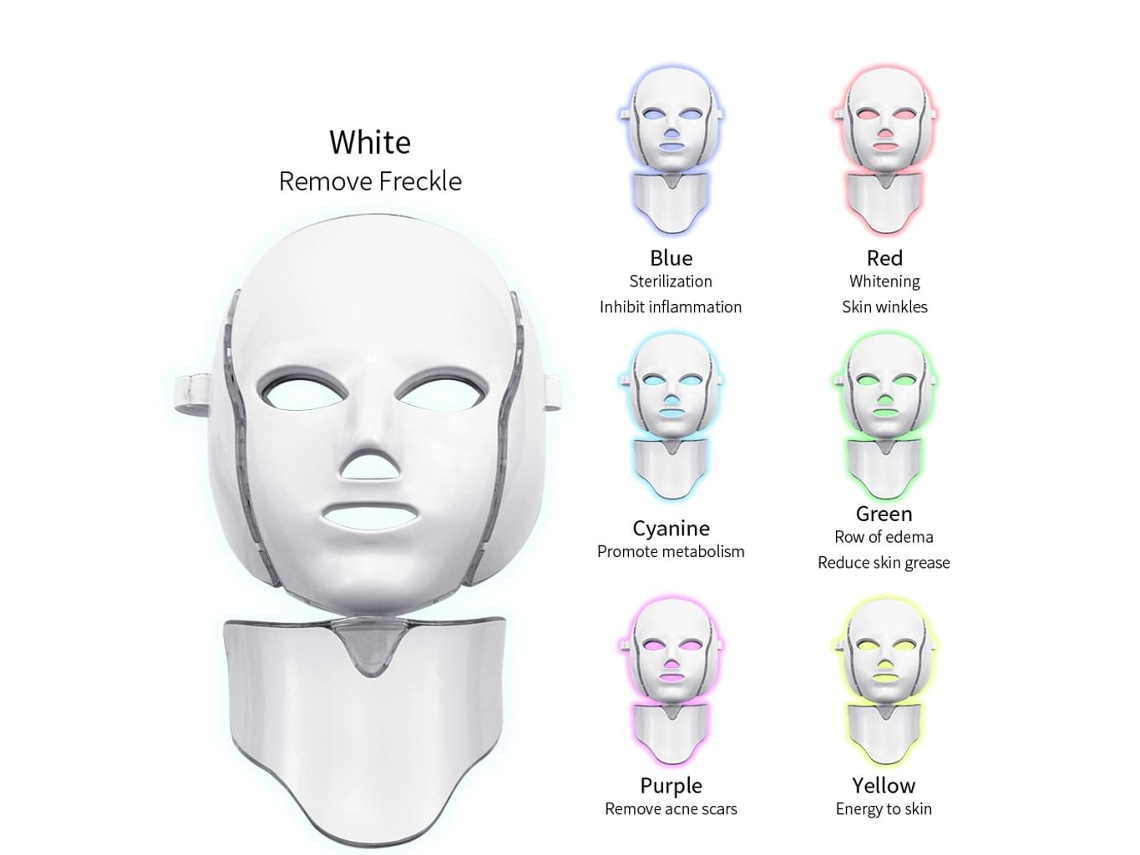 Máscara Facial Led De 7 Cores Para Terapia De Rejuvenescimento Da Pele, Tratamento De Rugas E Acne