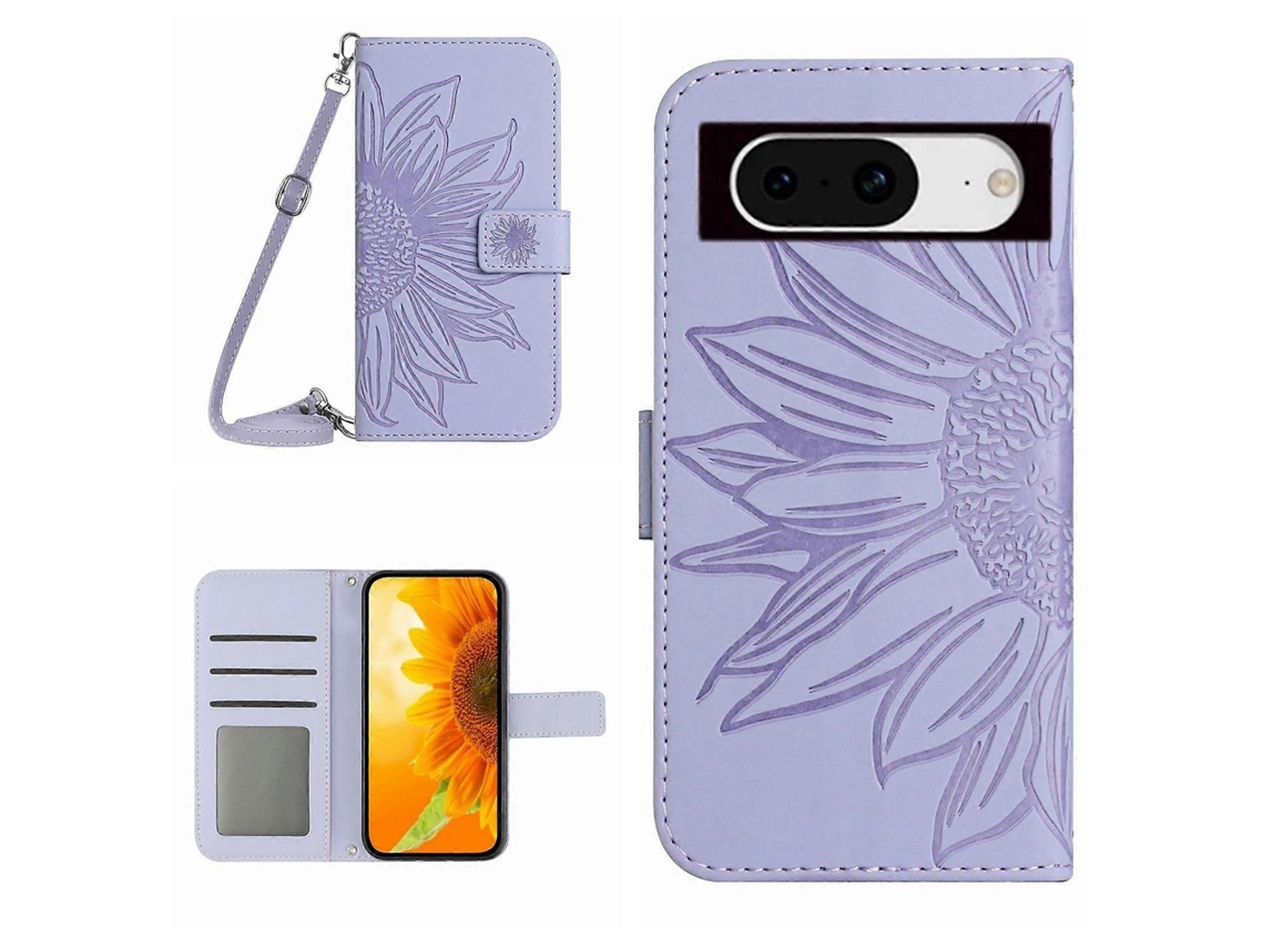 Capa De Celular De Couro Com Estampa De Girassol E Cordão Skin Feel