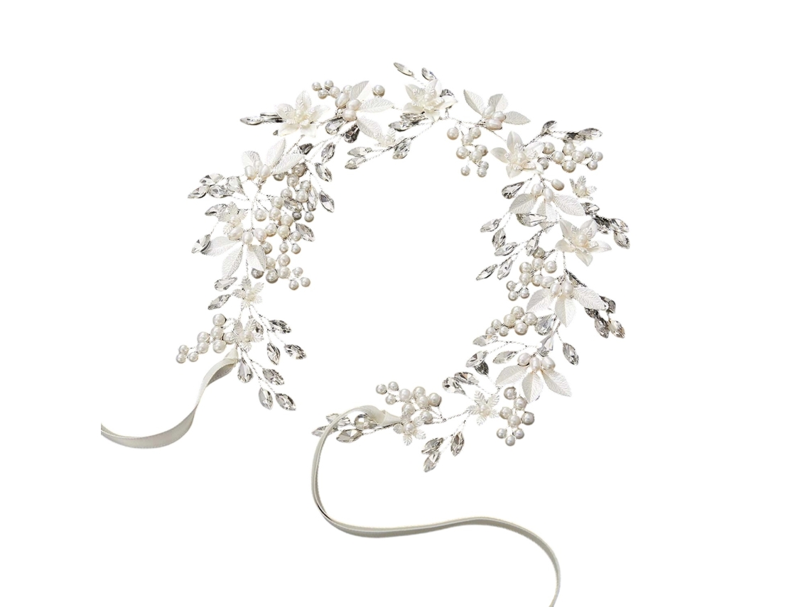 Faixa De Casamento Com Cristais Articulada, Flor Folha, Para Noiva, Acessório De Cabelo Com Pérolas (prata)