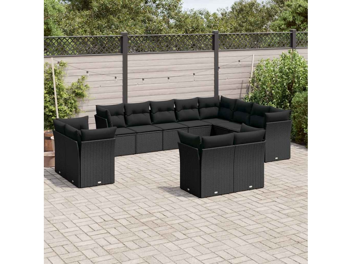 Vidaxl 12 Pcs Conjunto De Sofás De Jardim C/ Almofadões Vime Pe Preto