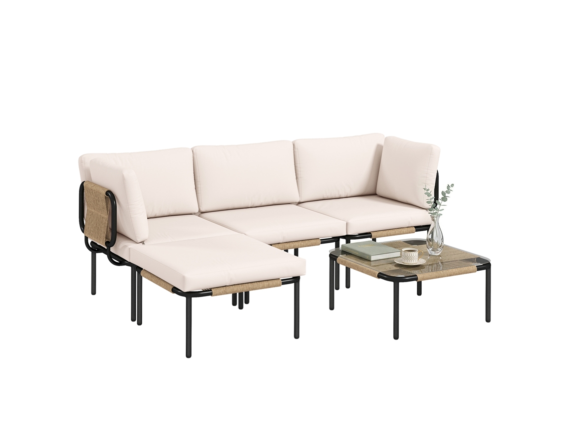 Conjunto de jardim em rattan sintético com 2 cadeiras de almofadas removíveis e mesa com tampo de vidro, creme QINGYU TECH