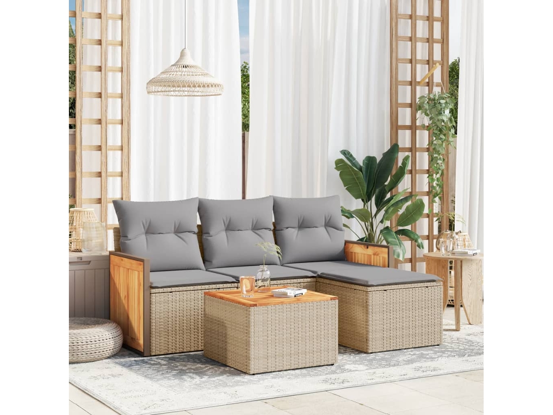 Vidaxl 5 Pcs Conjunto De Sofás P/ Jardim Com Almofadões Vime Pe Bege