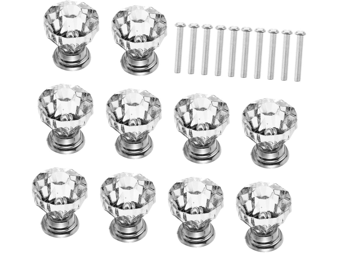 Conjunto De 10 Puxadores Redondos Cristal Acrílico Prateados Para Armários E Cozinhas