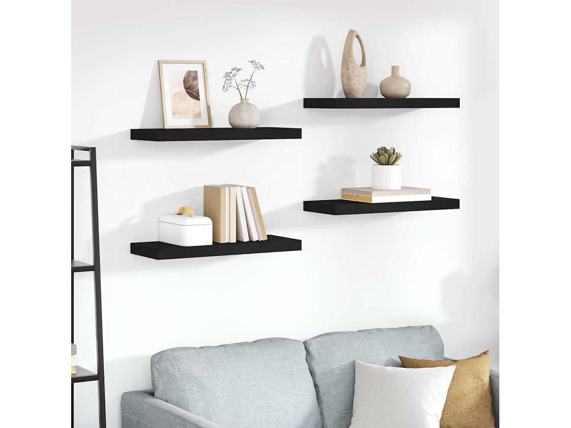 Vidaxl Prateleiras De Parede Suspensas 4 Pcs 60x23,5x3,8 Cm Mdf Preto